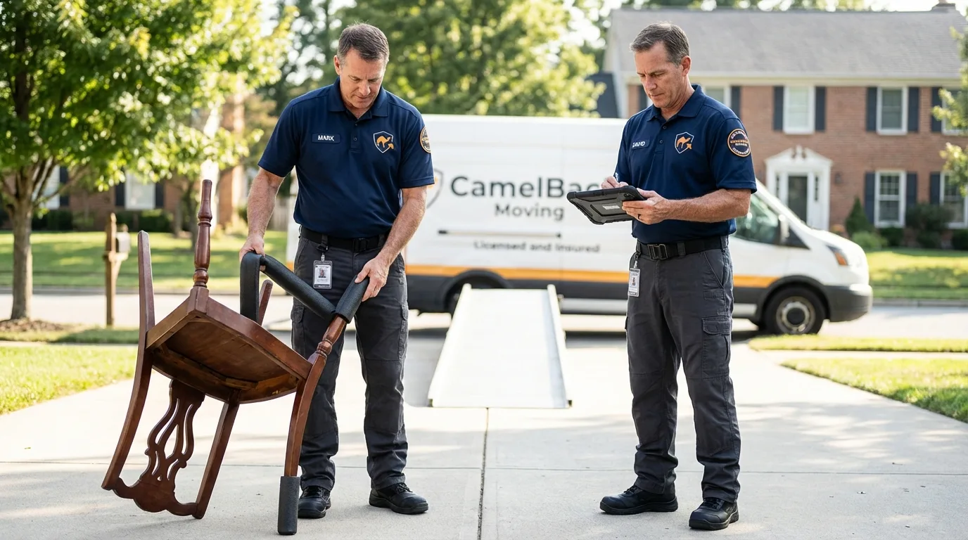Movers inspecting furniture for damage prevention before loading in Kenly, NC